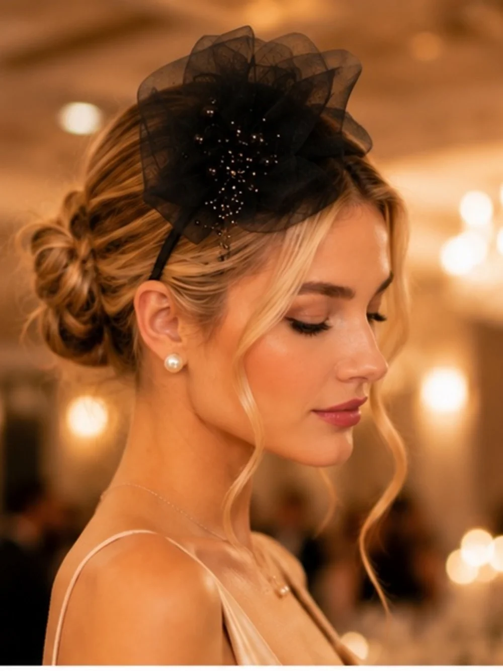 Elegant Black Floral Mesh Headband with Bead Accent